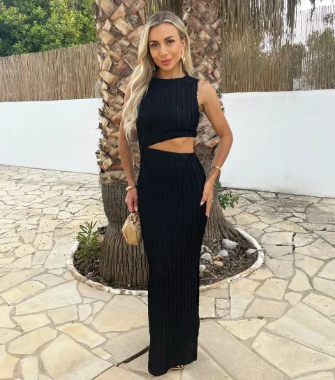 Black Textured Cut Out Midi Dress