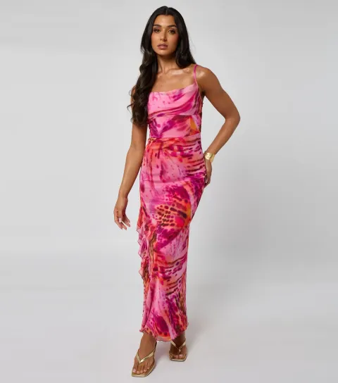 Pink Floral Print Ruffle Trim Maxi Dress