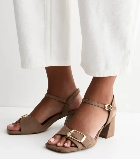 Light Brown Faux Suede Front Buckle Block Heel Sandals Vegan