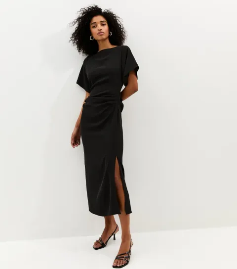 Black Ruched Waist Short Sleeve Midi Dress