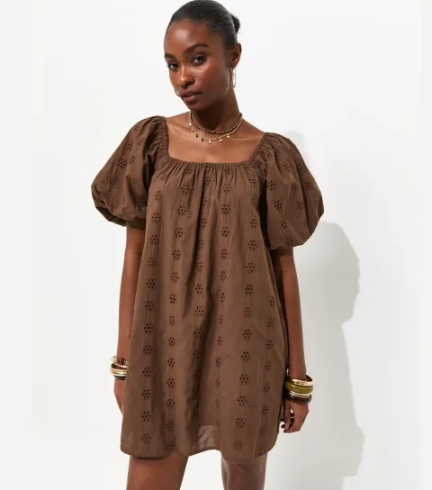 Dark Brown Cotton Puff Sleeve Smock Mini Dress