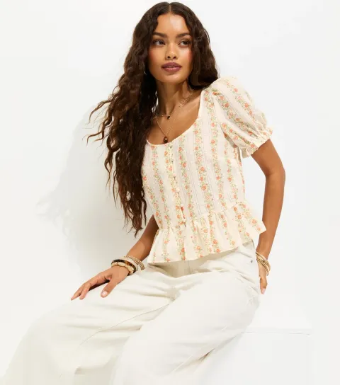 Petite White Cotton Rich Stripe Ditsy Button Tea Blouse