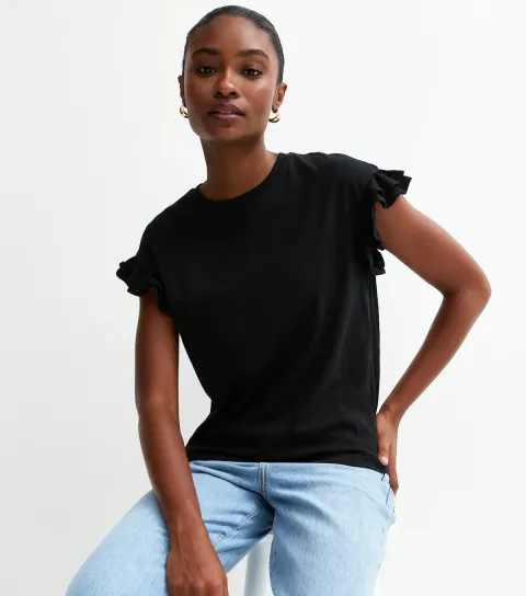 Black Cotton Slub Frill Sleeve T-Shirt