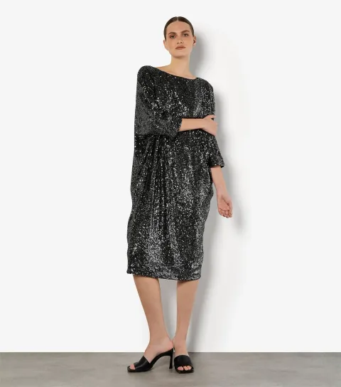 Silver Sequin Lines Cocoon Midi Dress