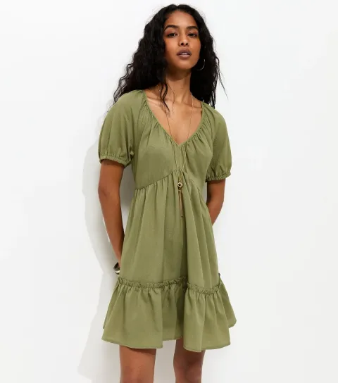 Light Khaki Textured Tiered Mini Smock Dress