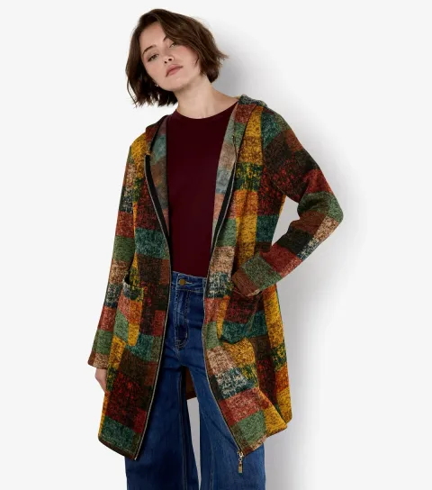 Brown Checked Longline Hooded Cardigan
