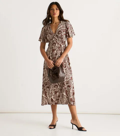 Brown Paisley Print Midi Dress