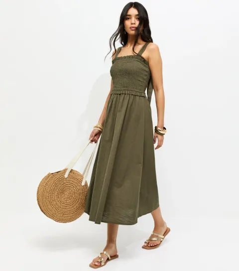 Dark Khaki Cotton Shirred Bow Strap Midi Dress
