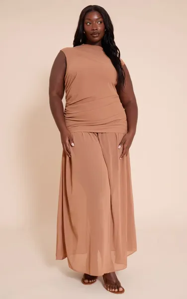 Plus Chocolate Chiffon Ruched Dropped Waist Sleeveless Maxi Dress