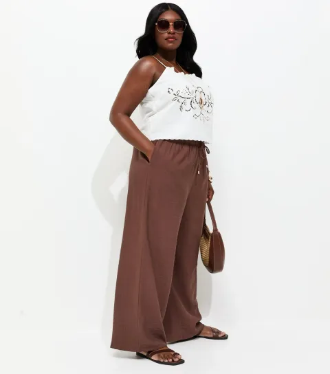 Plus Size Dark Brown Woven Wide Leg Trousers Curves