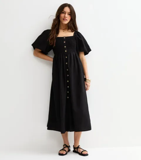 Petite Black Button Through Milkmaid Midi Dress