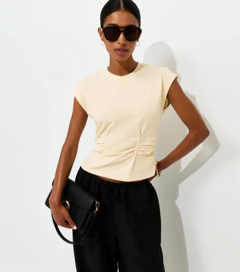 Light Yellow Cotton Rich Ruched Waist Cap Sleeve T-Shirt