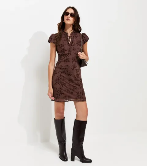 Dark Brown Floral Flocked Keyhole Tie Neckline Mini Dress