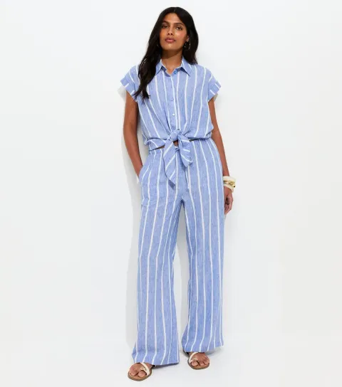 Blue Striped Drawstring Wide Leg Trousers