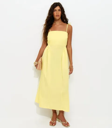 Light Yellow Godet Skirt Tie Strap Midi Dress