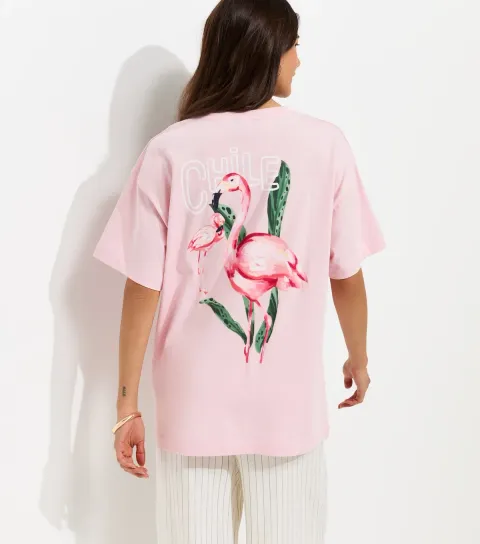 Light Pink Cotton Flamingo Print Oversized T-Shirt