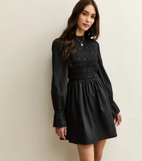 Black Shirred Bodice Long Sleeve A-line Mini Dress