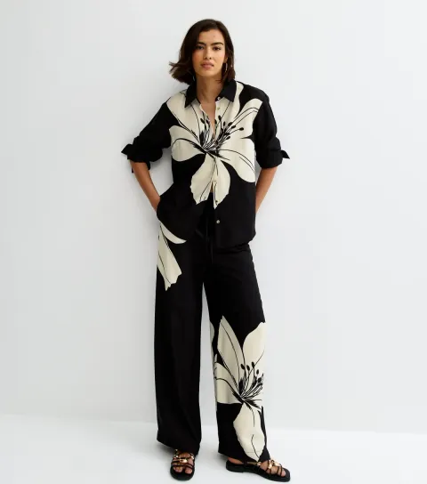 Black Lily Large Floral Wide Leg Trousers