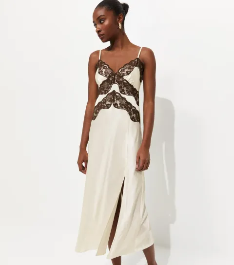 Cream Contrast Lace Trim Slit Hem Midi Dress