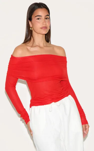 Tomato Red Sheer Soft Touch Fold Over Detail Bardot Long Sleeve Top