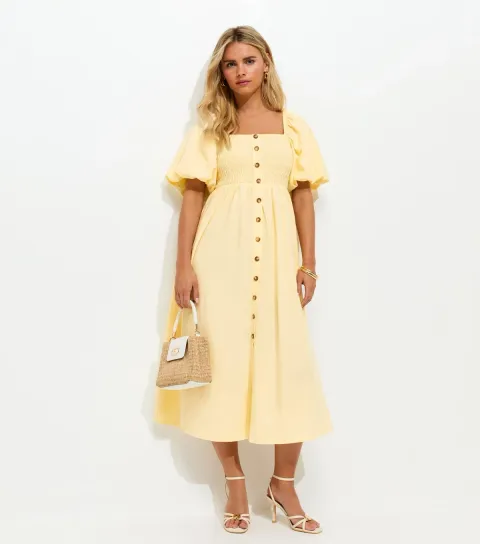 Petite Light Yellow Button Through Milkmaid Midi Dress