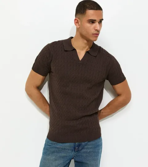 Brown Regular Cable Knit Short Sleeve Top