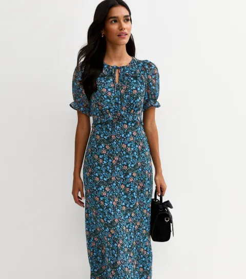 Blue Floral Short Sleeve Midi Dress