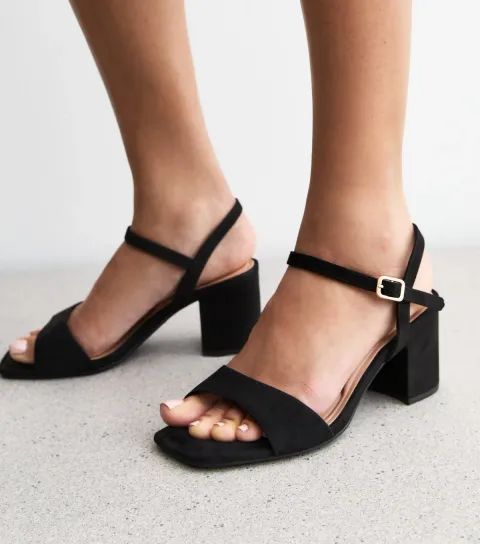 Extra Wide Fit Black Faux Suede Block Heel Sandals Vegan
