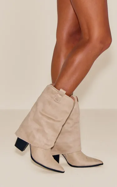 Stone Faux Suede Point Toe Fold Over Western Heeled Ankle Boots
