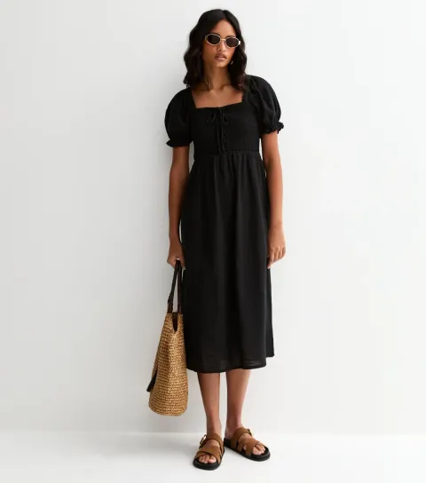 Black Cotton Shirred Short Sleeve Midi Dress