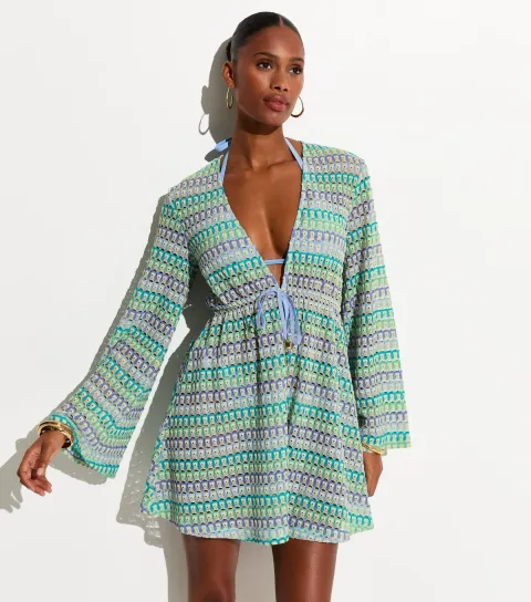 Blue Crochet Flared Sleeve Kaftan Beach Dress