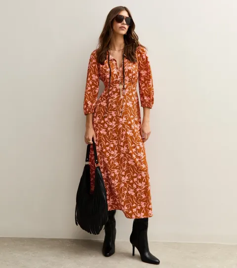 Orange Floral Print Tie Neck MIdi Dress