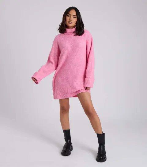 Pink Roll Neck Knit Mini Dress