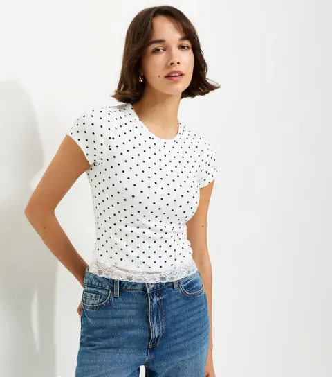 White Cotton Rich Polka Dot Lace Hem Baby Tee T-Shirt