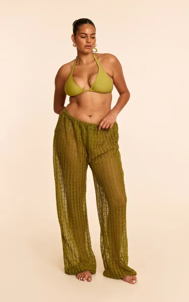 Plus Olive Crochet Low Waist Wide Leg Beach Trousers