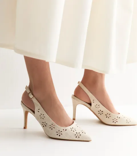 Wide Fit Off White Laser Flower Embroidered Slingback Pumps Vegan