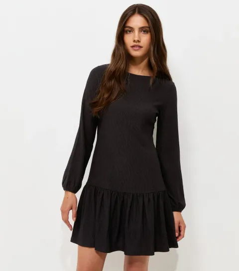Black Crinkle Texture Crew Neck Frill Mini Dress