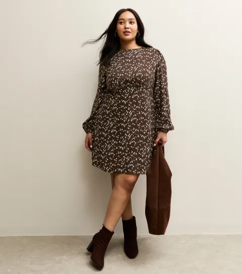 Plus Size Brown Floral Print Long Sleeve Mini Dress Curves