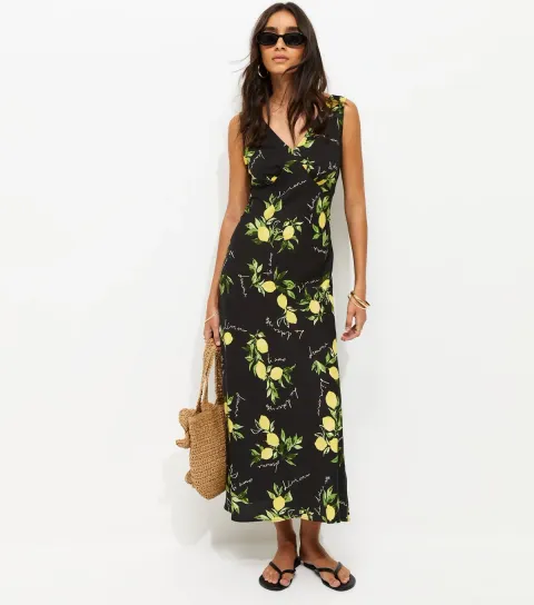 Black Lemon Print V-Neck Midi Dress