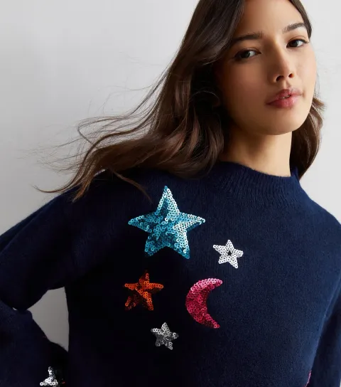 Navy Sequin Star Knit Jumper