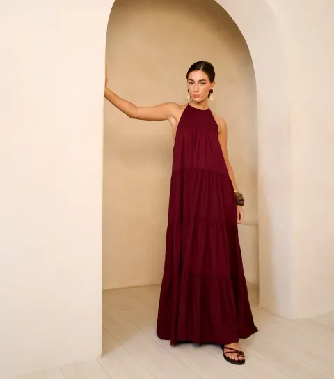 Burgundy Halter Neck Tiered Maxi Dress