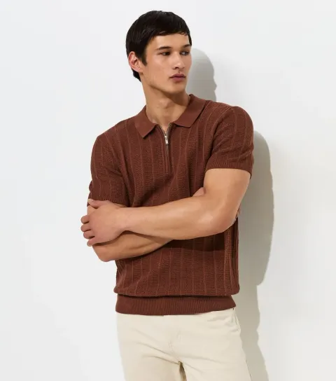 Dark Brown Cotton Rich Regular Fit Vertical Texture Zip Polo Shirt
