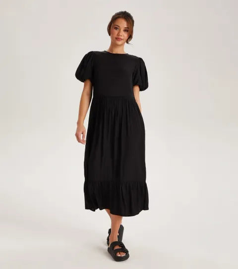 Black Puff Sleeve Tiered Skirt Midi Dress
