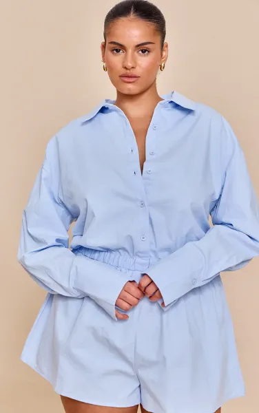 Plus Sky Blue Cotton Ruched Tiered Skort Shirt Playsuit
