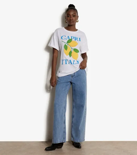 White Capri Italy Lemon Embroidered T-Shirt