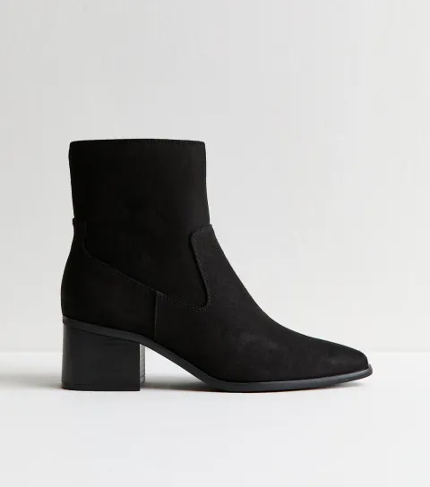 Black Faux Suede Block Heel Ankle Boots Vegan