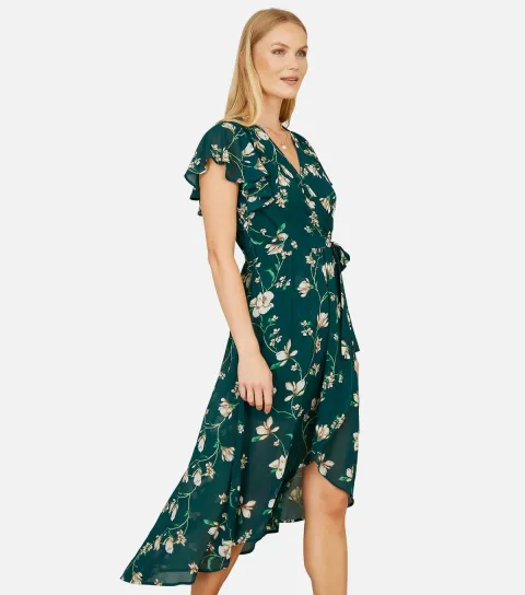 Green Floral Print Wrap Midi Dress