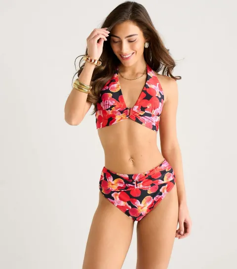 Black Floral Print Halter Neck Bikini Top
