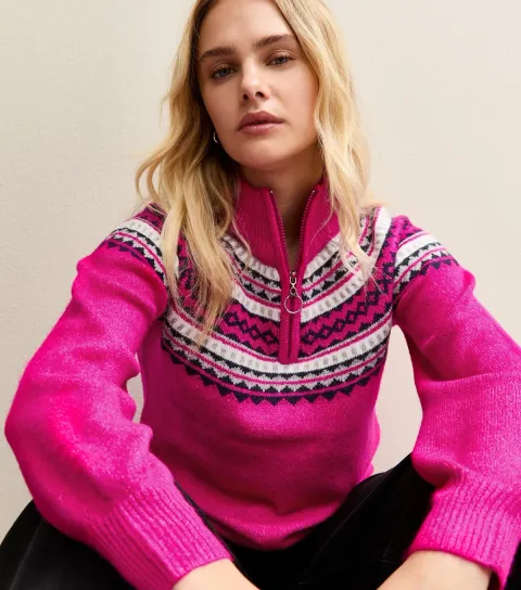 Bright Pink Fair Isle Quarter Zip Jumper
