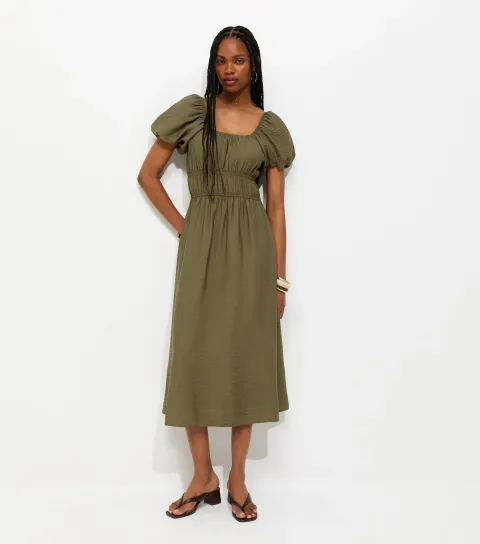 Khaki Milkmaid Midi Dress
